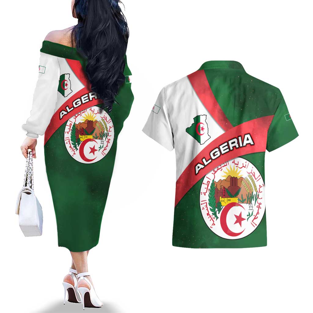 Algeria Couples Matching Off The Shoulder Long Sleeve Dress and Hawaiian Shirt with National Emblem and Map Design