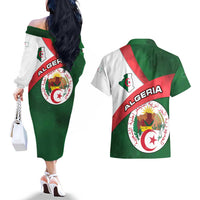 Algeria Couples Matching Off The Shoulder Long Sleeve Dress and Hawaiian Shirt with National Emblem and Map Design