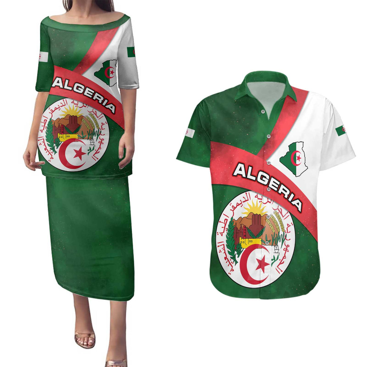 Algeria Couples Matching Puletasi and Hawaiian Shirt with National Emblem and Map Design