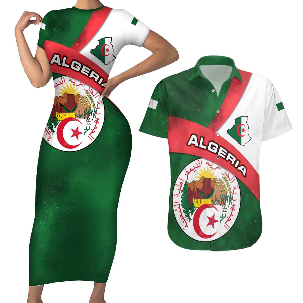 Algeria Couples Matching Short Sleeve Bodycon Dress and Hawaiian Shirt with National Emblem and Map Design
