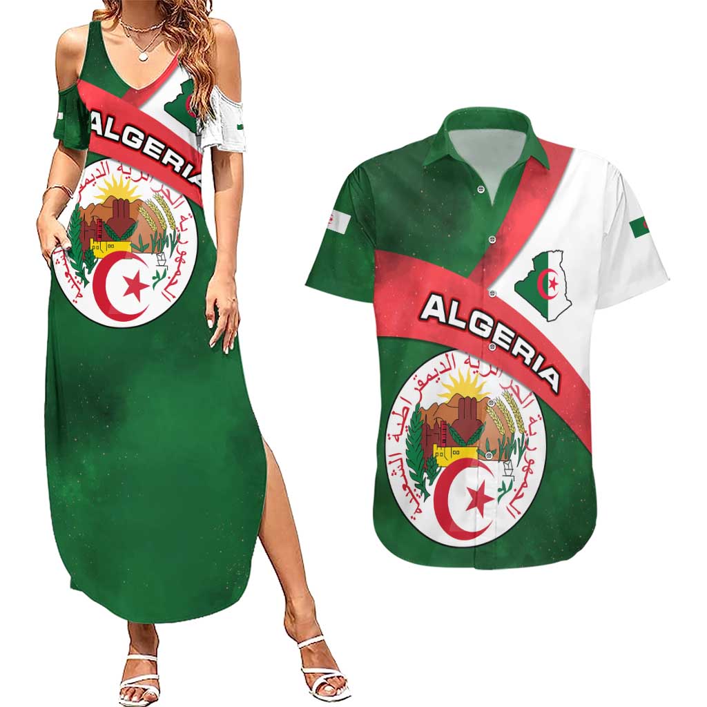 Algeria Couples Matching Summer Maxi Dress and Hawaiian Shirt with National Emblem and Map Design
