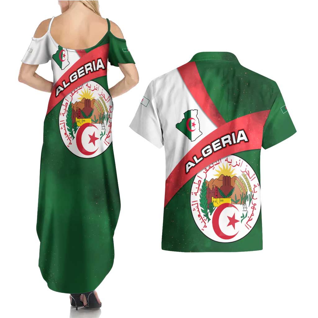 Algeria Couples Matching Summer Maxi Dress and Hawaiian Shirt with National Emblem and Map Design