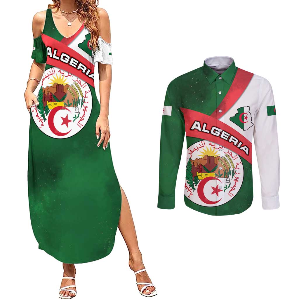 Algeria Couples Matching Summer Maxi Dress and Long Sleeve Button Shirt with National Emblem and Map Design