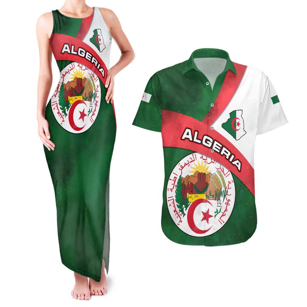 Algeria Couples Matching Tank Maxi Dress and Hawaiian Shirt with National Emblem and Map Design