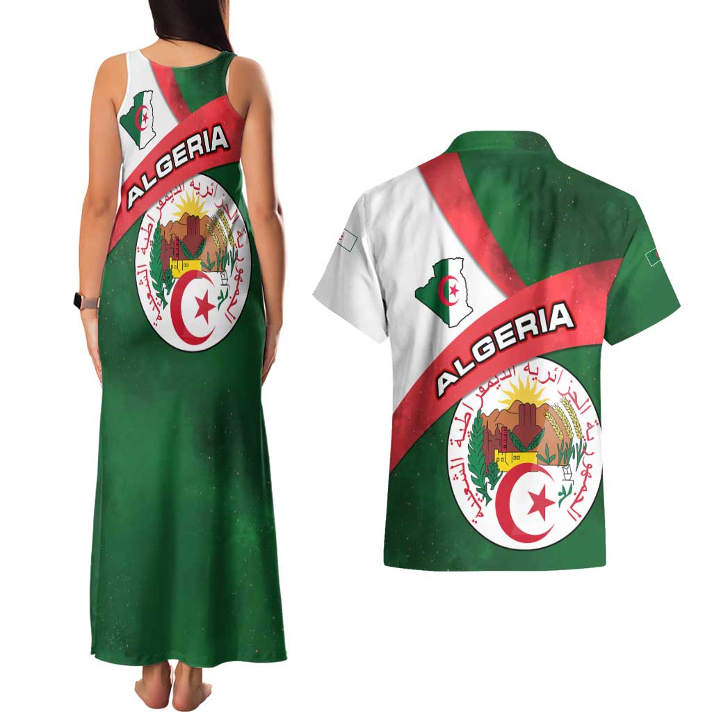Algeria Couples Matching Tank Maxi Dress and Hawaiian Shirt with National Emblem and Map Design