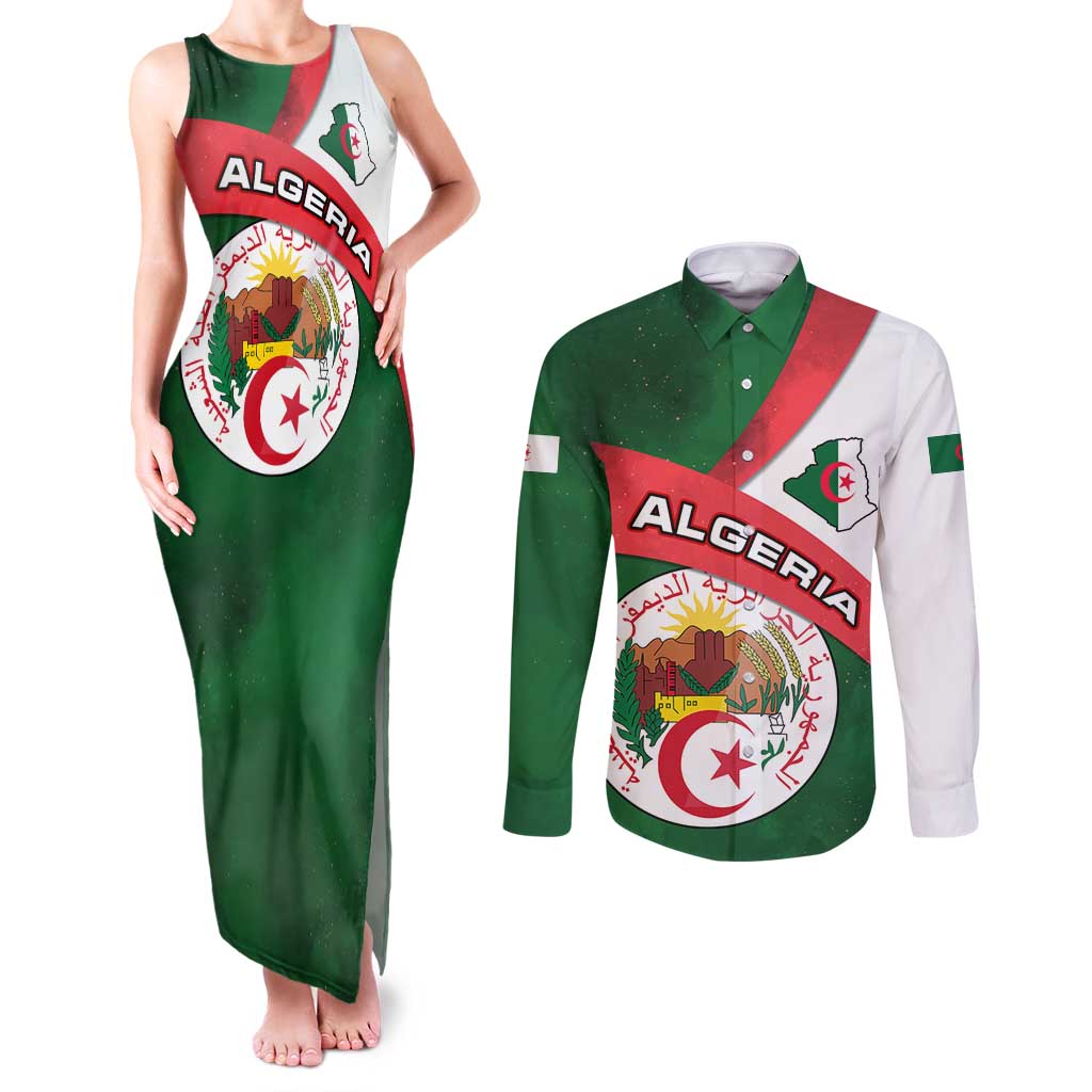 Algeria Couples Matching Tank Maxi Dress and Long Sleeve Button Shirt with National Emblem and Map Design