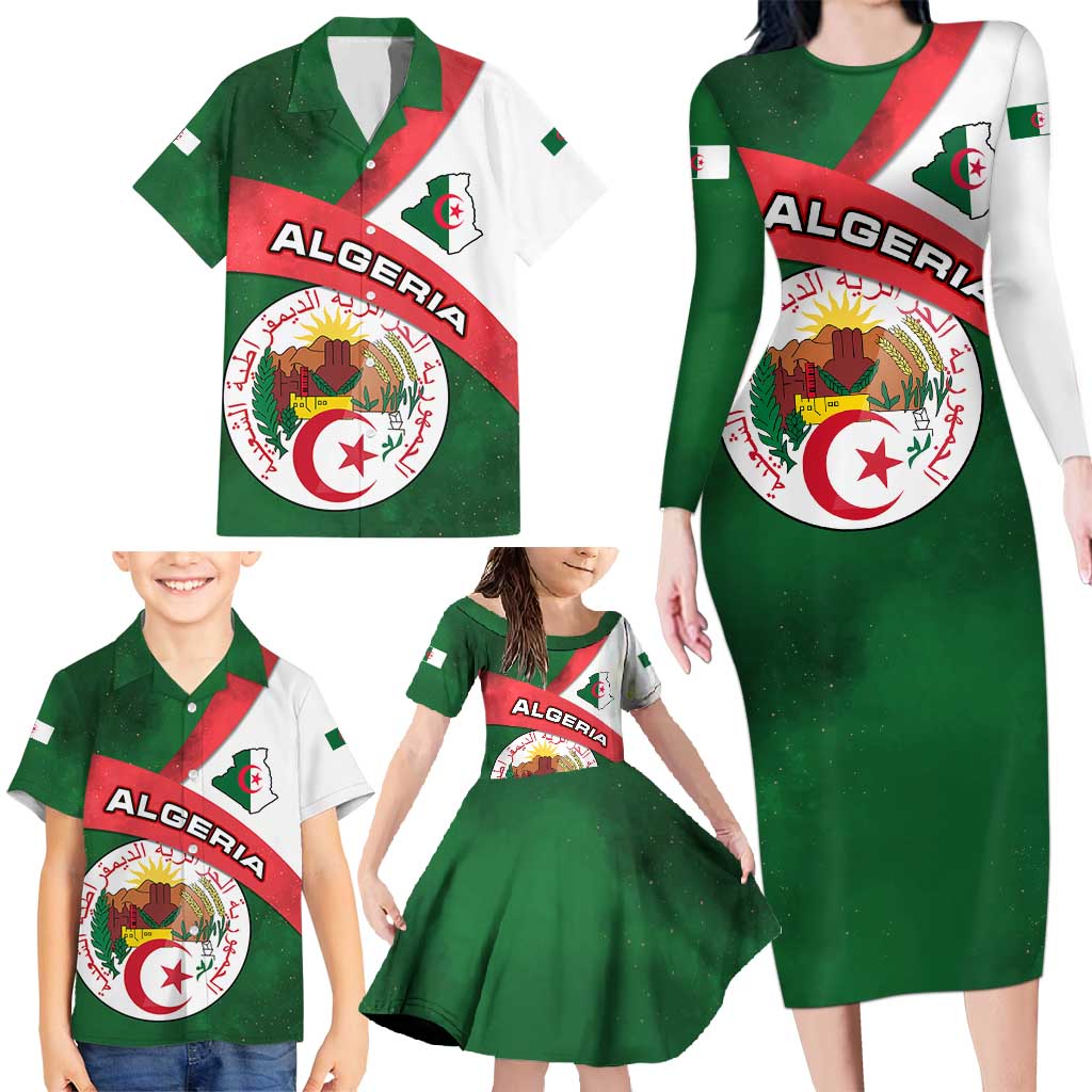 Algeria Family Matching Long Sleeve Bodycon Dress and Hawaiian Shirt with National Emblem and Map Design