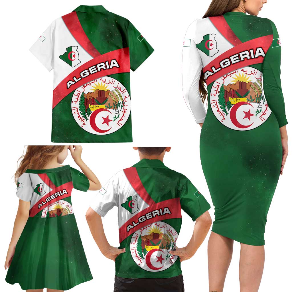 Algeria Family Matching Long Sleeve Bodycon Dress and Hawaiian Shirt with National Emblem and Map Design