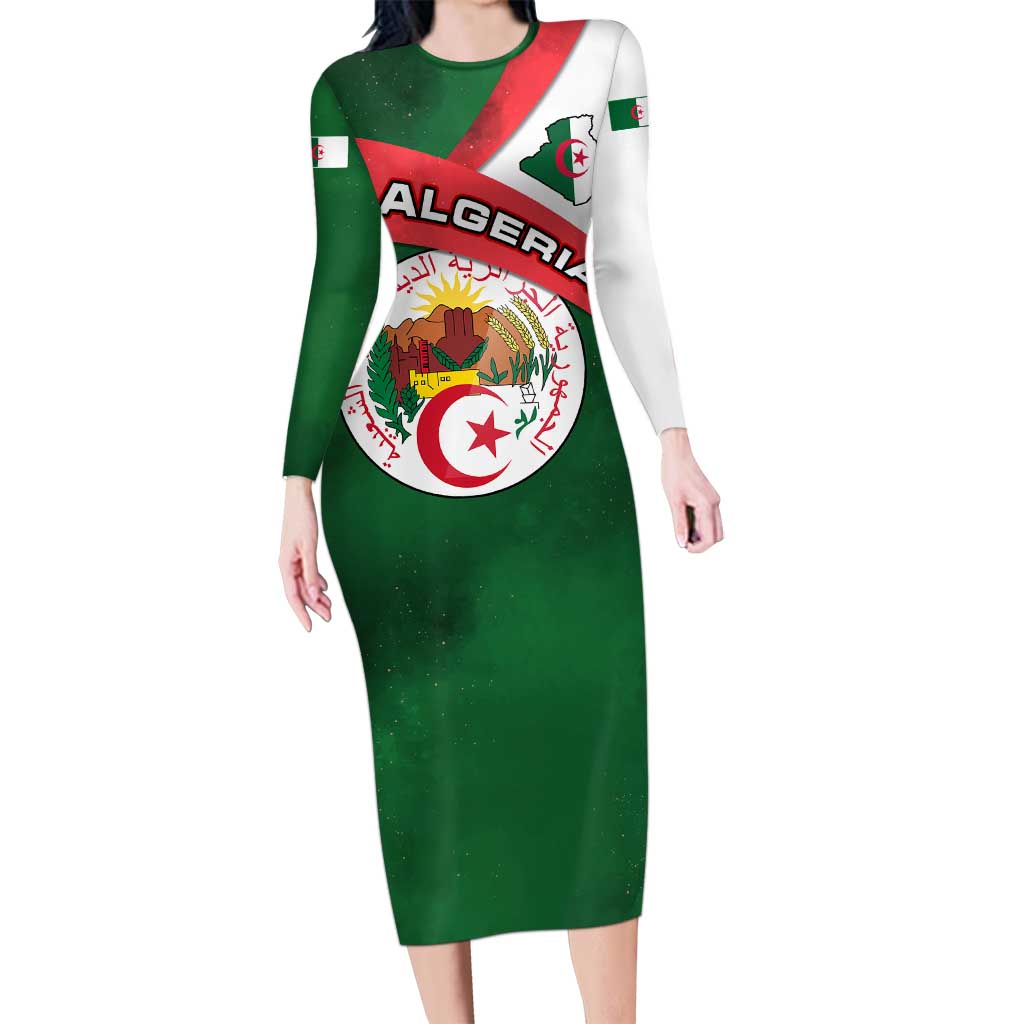 Algeria Family Matching Long Sleeve Bodycon Dress and Hawaiian Shirt with National Emblem and Map Design