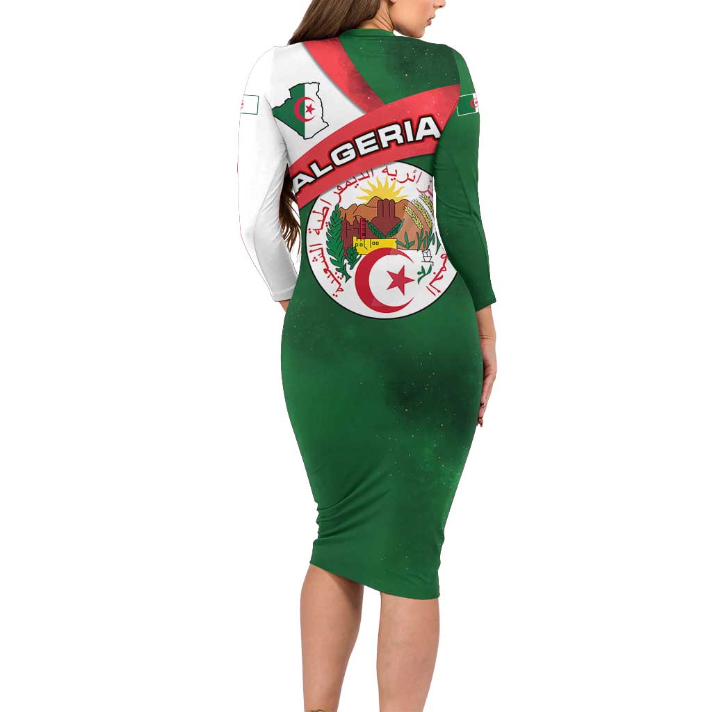 Algeria Family Matching Long Sleeve Bodycon Dress and Hawaiian Shirt with National Emblem and Map Design