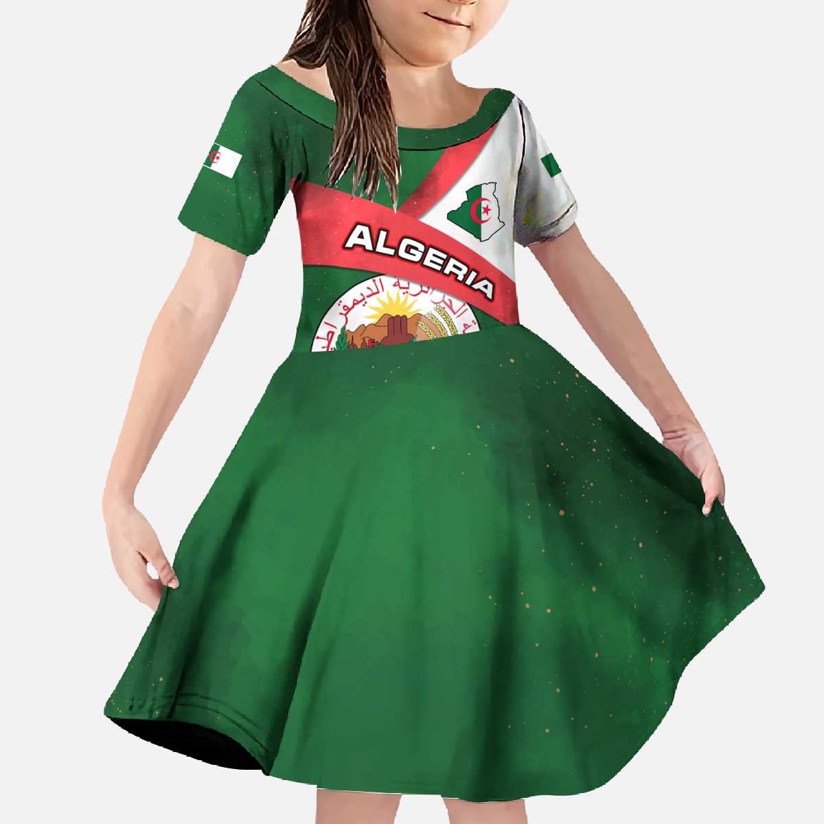 Algeria Family Matching Off The Shoulder Long Sleeve Dress and Hawaiian Shirt with National Emblem and Map Design