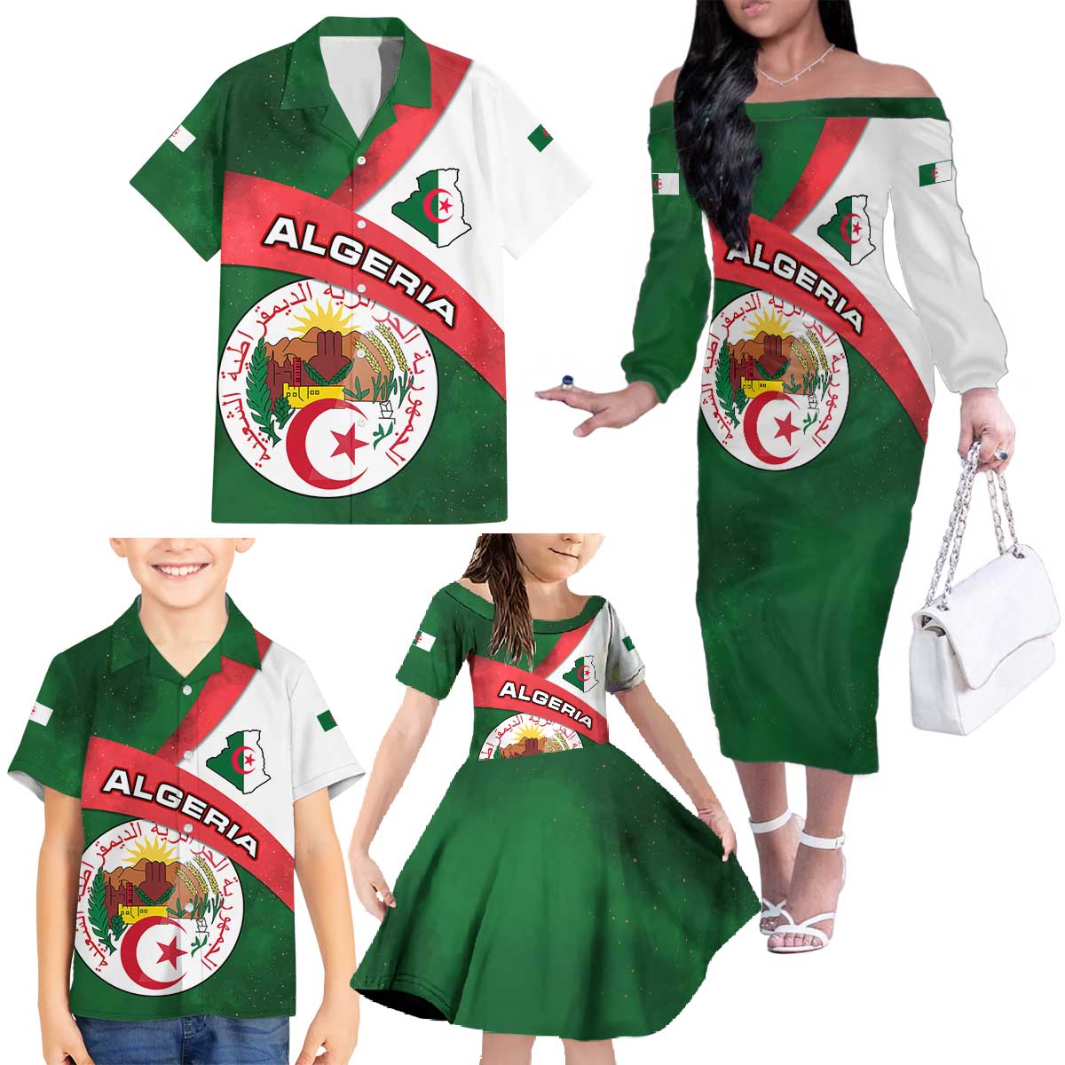 Algeria Family Matching Off The Shoulder Long Sleeve Dress and Hawaiian Shirt with National Emblem and Map Design
