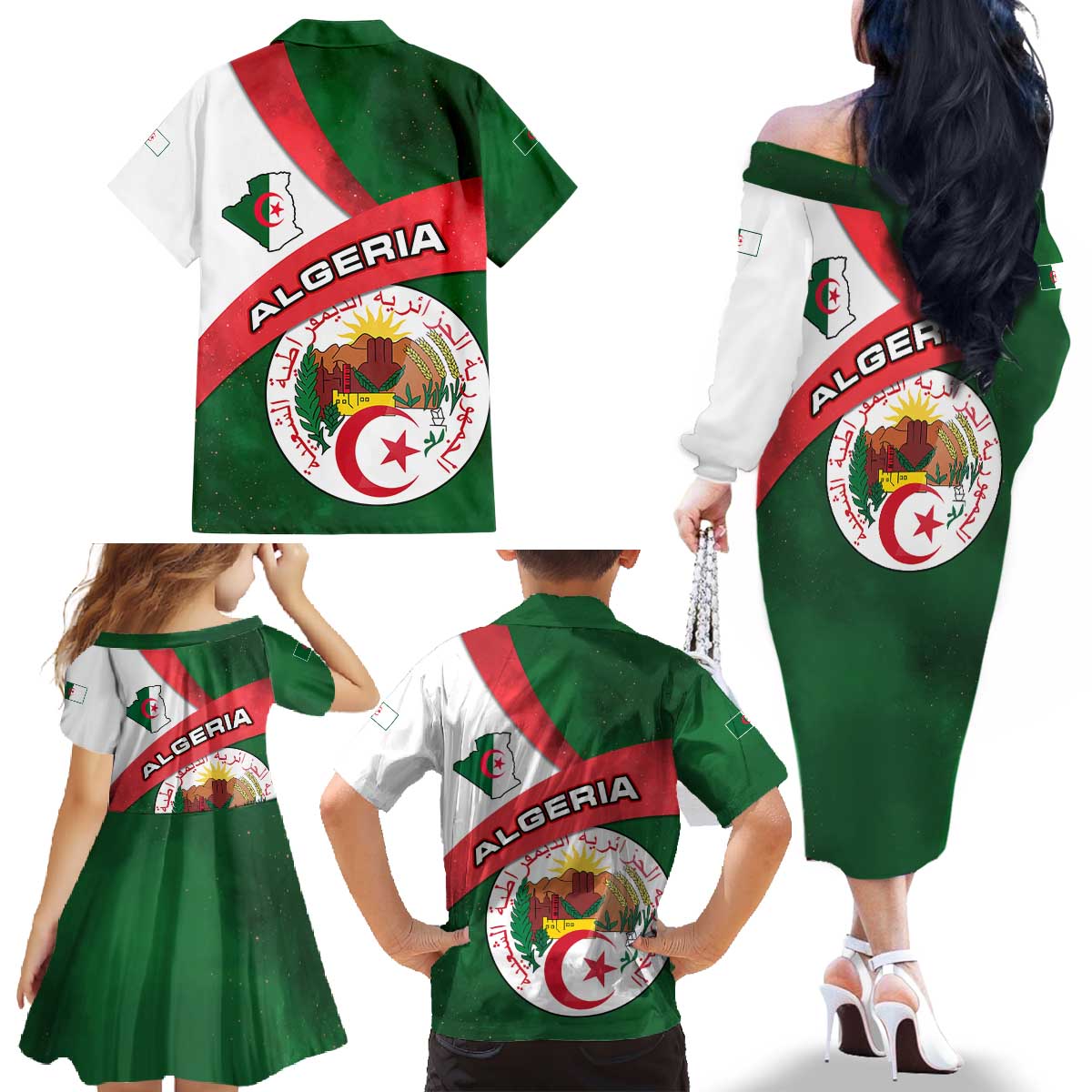 Algeria Family Matching Off The Shoulder Long Sleeve Dress and Hawaiian Shirt with National Emblem and Map Design