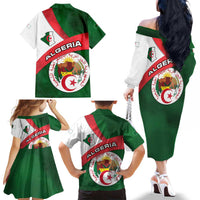 Algeria Family Matching Off The Shoulder Long Sleeve Dress and Hawaiian Shirt with National Emblem and Map Design
