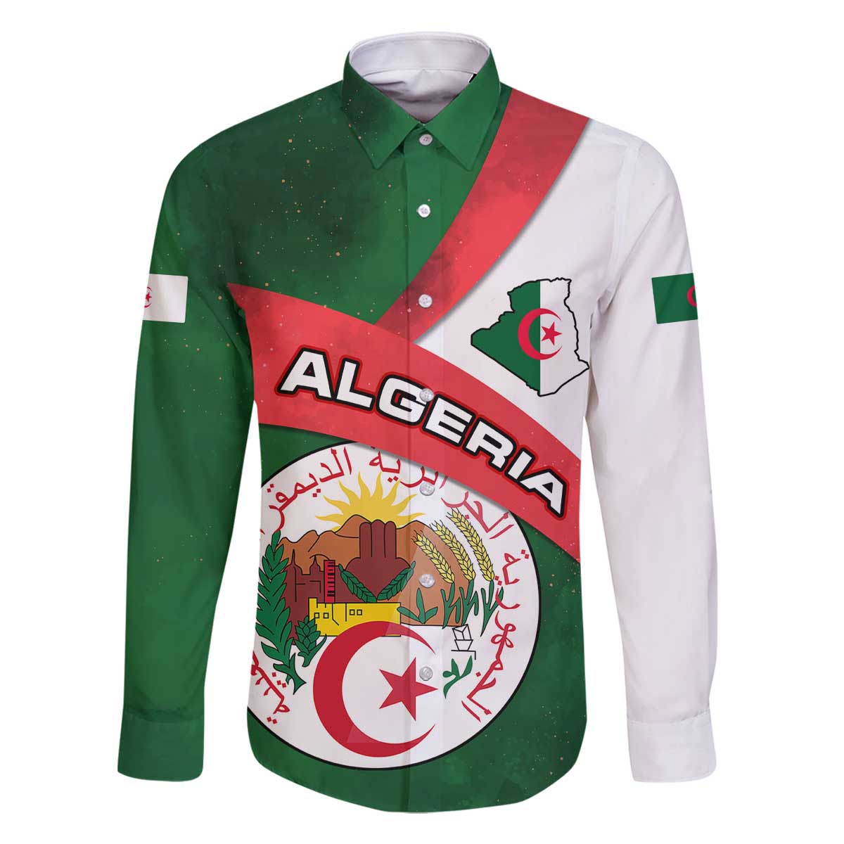 Algeria Family Matching Off The Shoulder Long Sleeve Dress and Hawaiian Shirt with National Emblem and Map Design