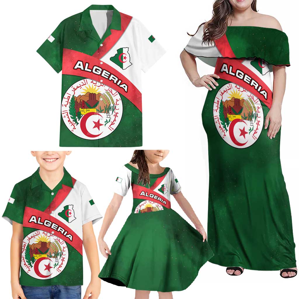Algeria Family Matching Off Shoulder Maxi Dress and Hawaiian Shirt with National Emblem and Map Design