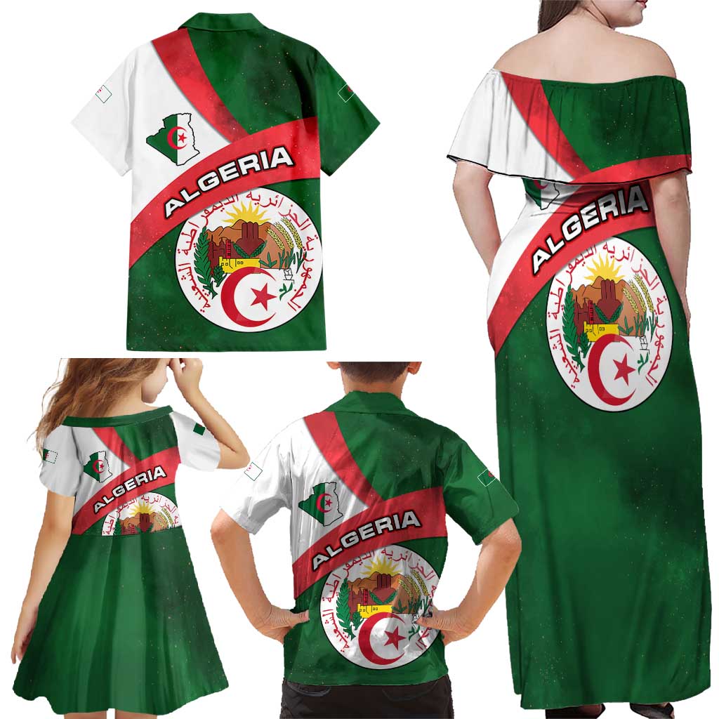 Algeria Family Matching Off Shoulder Maxi Dress and Hawaiian Shirt with National Emblem and Map Design