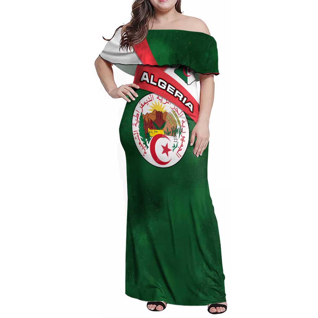 Algeria Family Matching Off Shoulder Maxi Dress and Hawaiian Shirt with National Emblem and Map Design