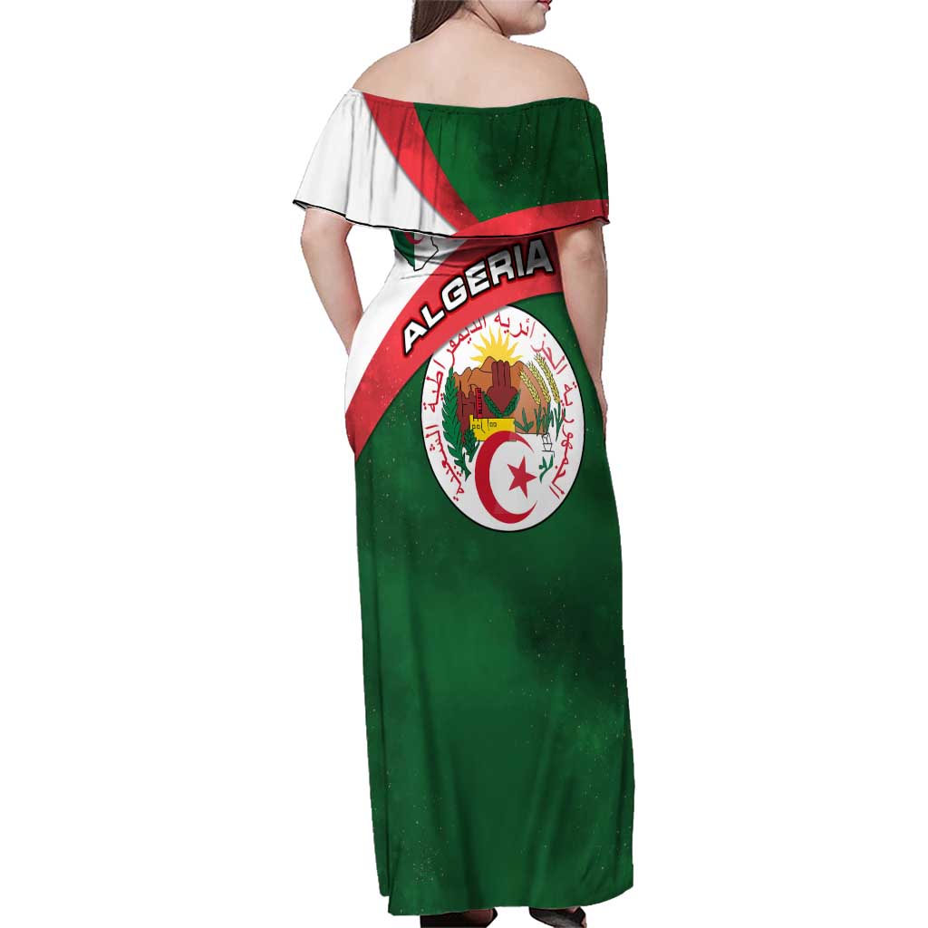Algeria Family Matching Off Shoulder Maxi Dress and Hawaiian Shirt with National Emblem and Map Design