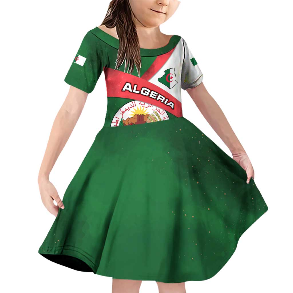 Algeria Family Matching Off Shoulder Short Dress and Hawaiian Shirt with National Emblem and Map Design