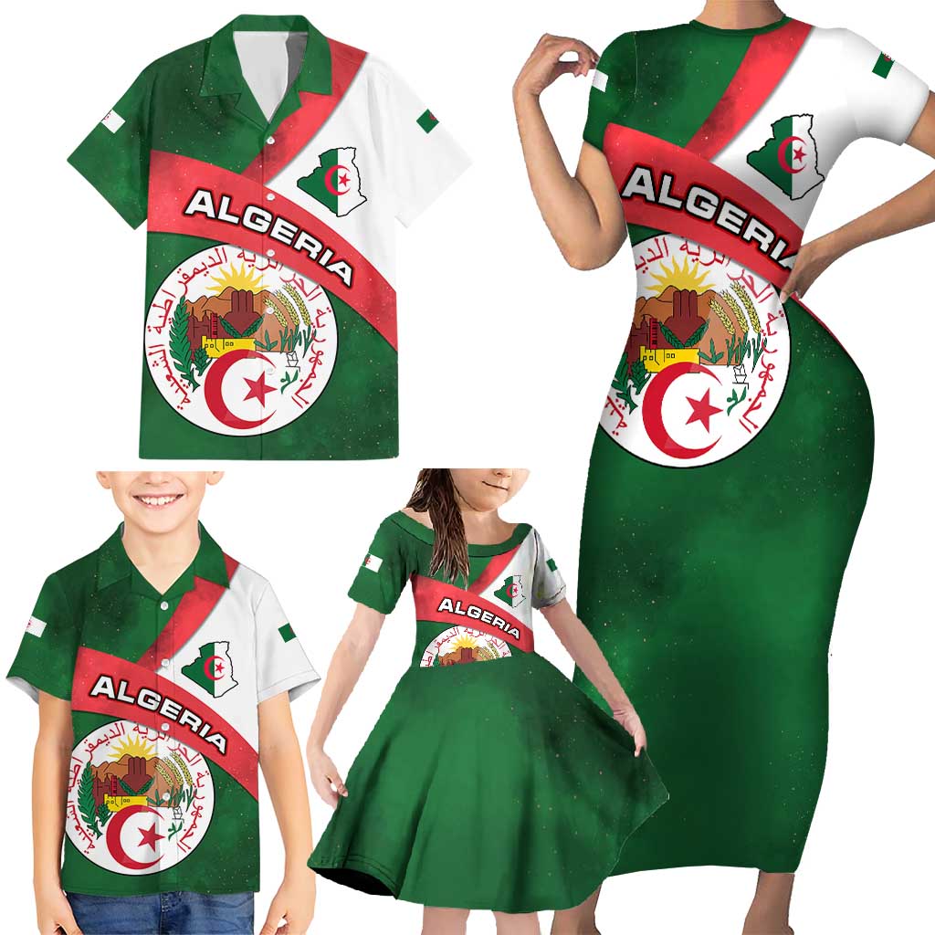 Algeria Family Matching Short Sleeve Bodycon Dress and Hawaiian Shirt with National Emblem and Map Design