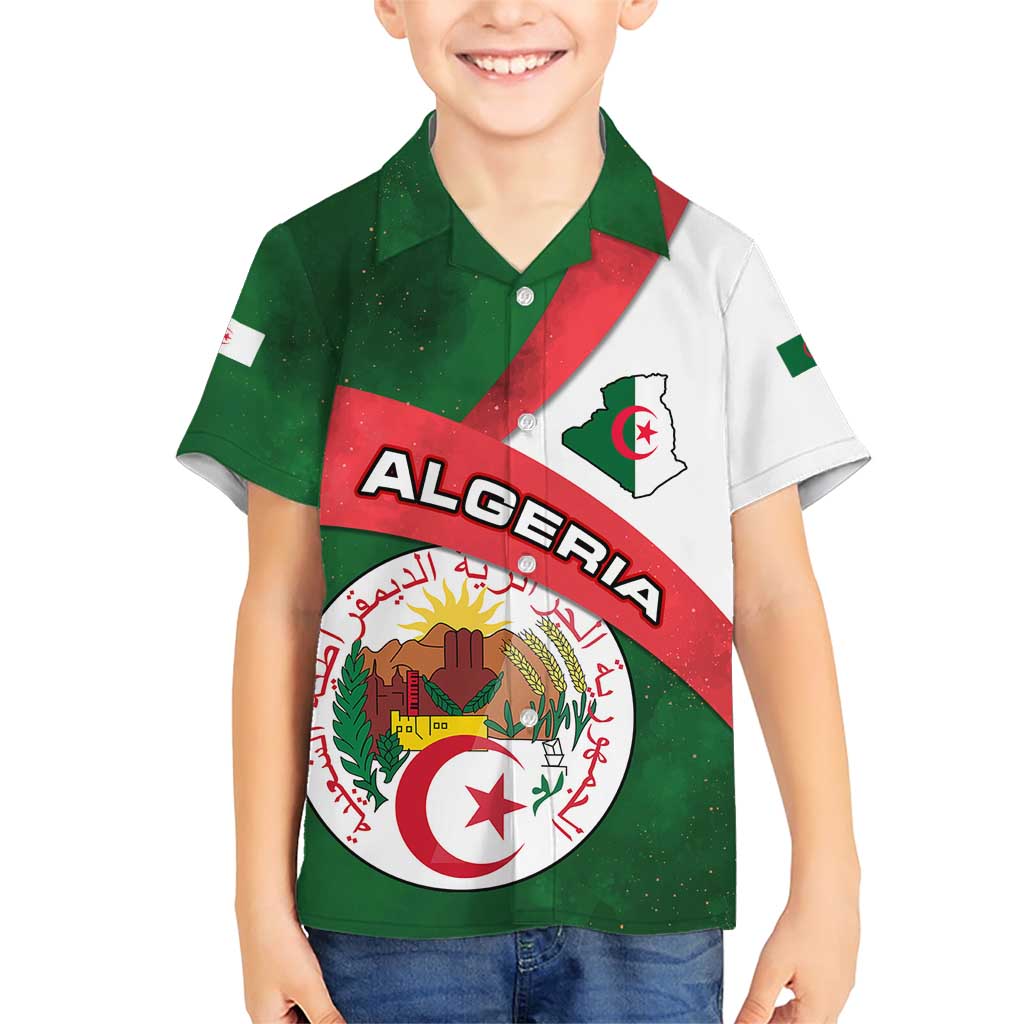 Algeria Family Matching Short Sleeve Bodycon Dress and Hawaiian Shirt with National Emblem and Map Design