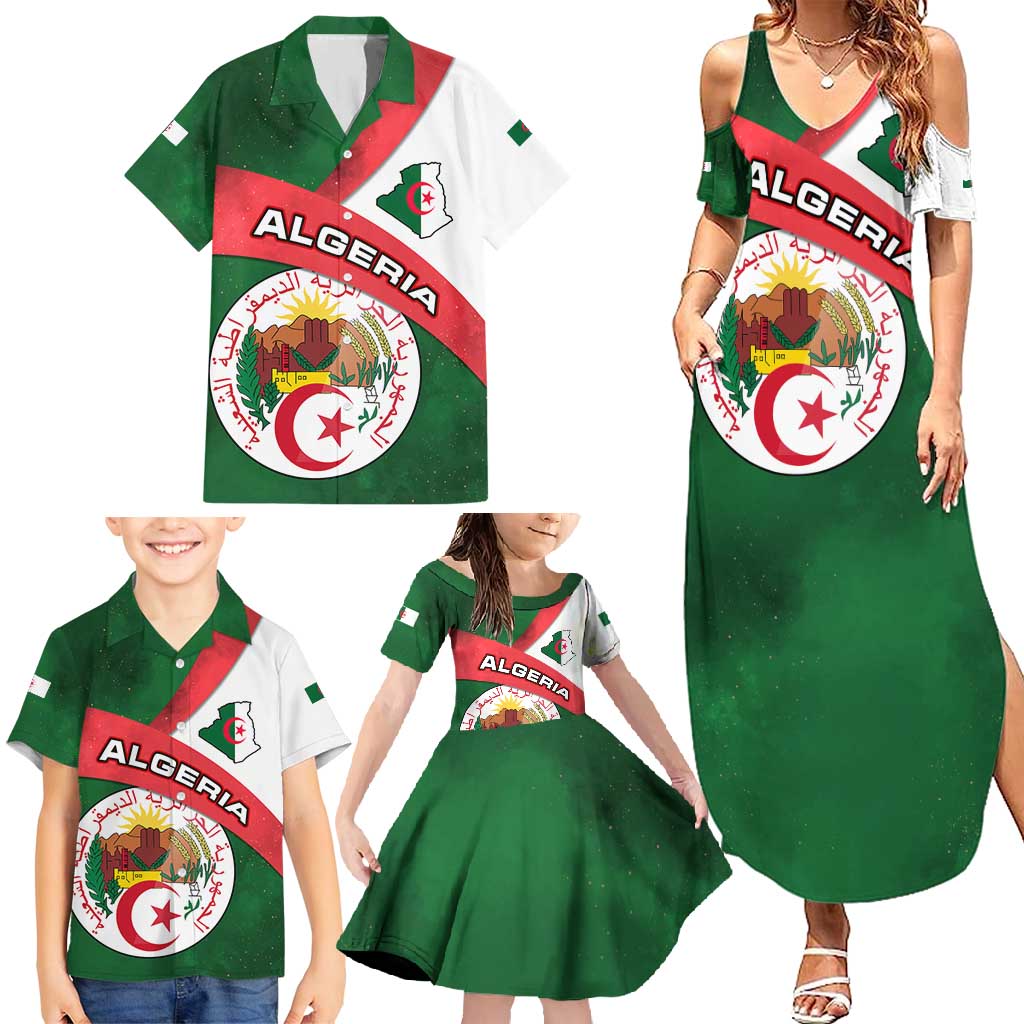 Algeria Family Matching Summer Maxi Dress and Hawaiian Shirt with National Emblem and Map Design