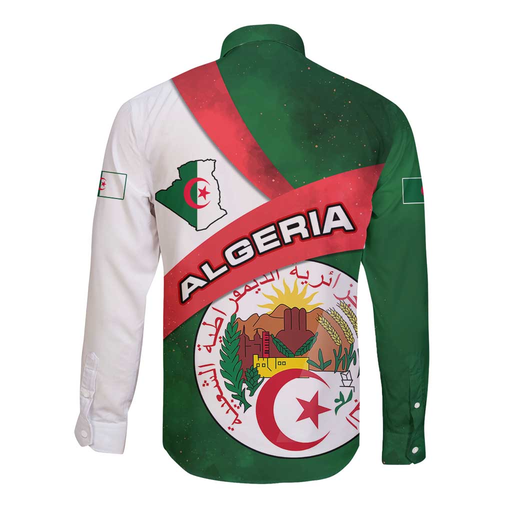 Algeria Long Sleeve Button Shirt with National Emblem and Map Design