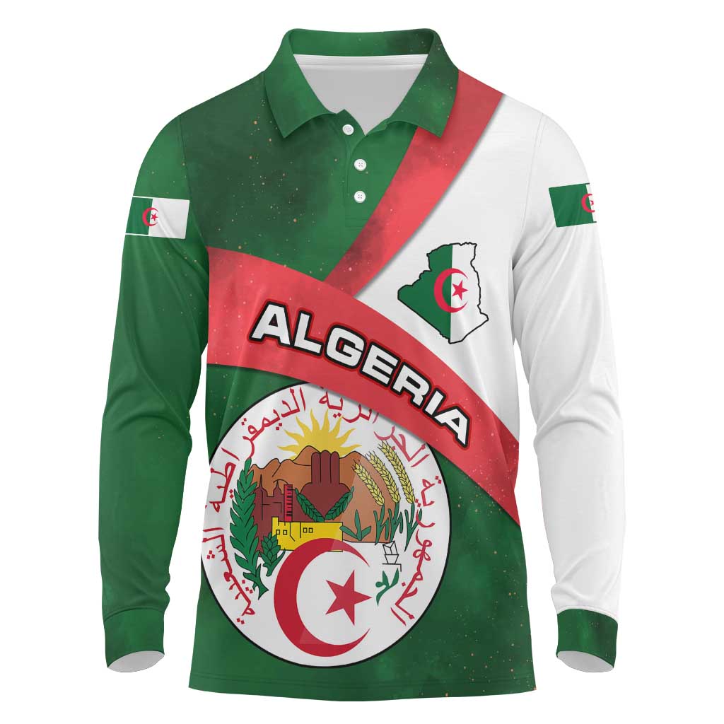 Algeria Long Sleeve Polo Shirt with National Emblem and Map Design