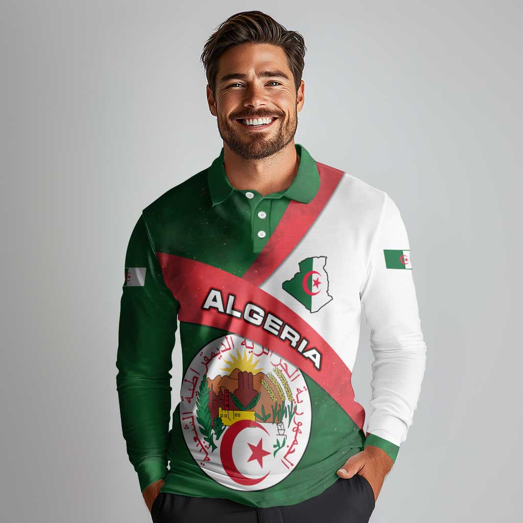Algeria Long Sleeve Polo Shirt with National Emblem and Map Design