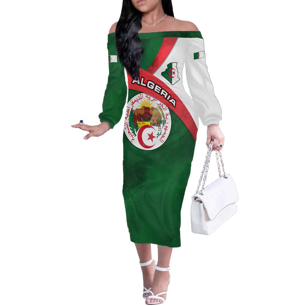 Algeria Off The Shoulder Long Sleeve Dress with National Emblem and Map Design