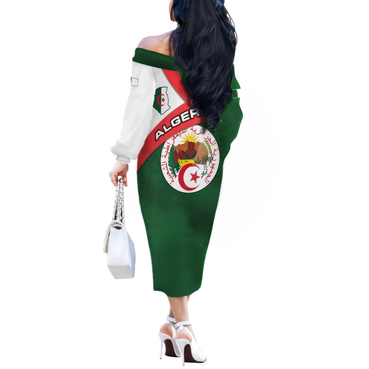 Algeria Off The Shoulder Long Sleeve Dress with National Emblem and Map Design