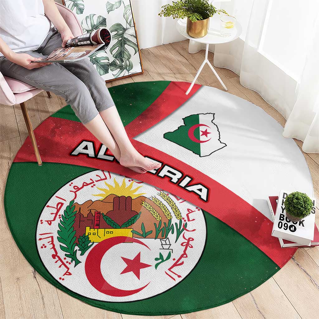 Algeria Round Carpet with National Emblem and Map Design
