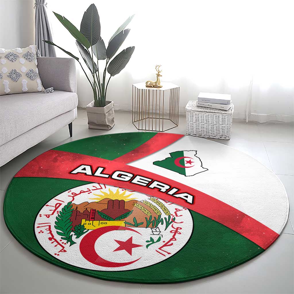 Algeria Round Carpet with National Emblem and Map Design