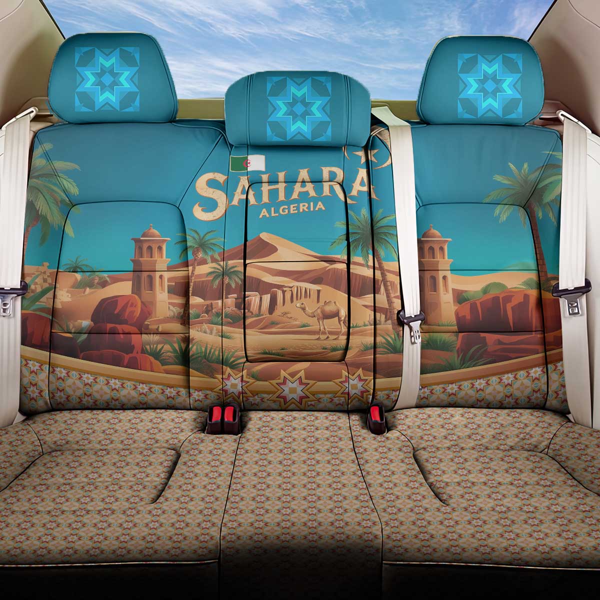 Sahara Algeria Back Car Seat Cover with Desert Camel Landscape and Islamic Motif Design