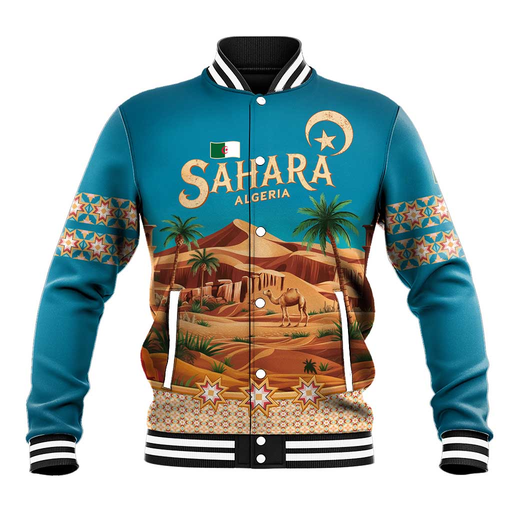 Sahara Algeria Baseball Jacket with Desert Camel Landscape and Islamic Motif Design