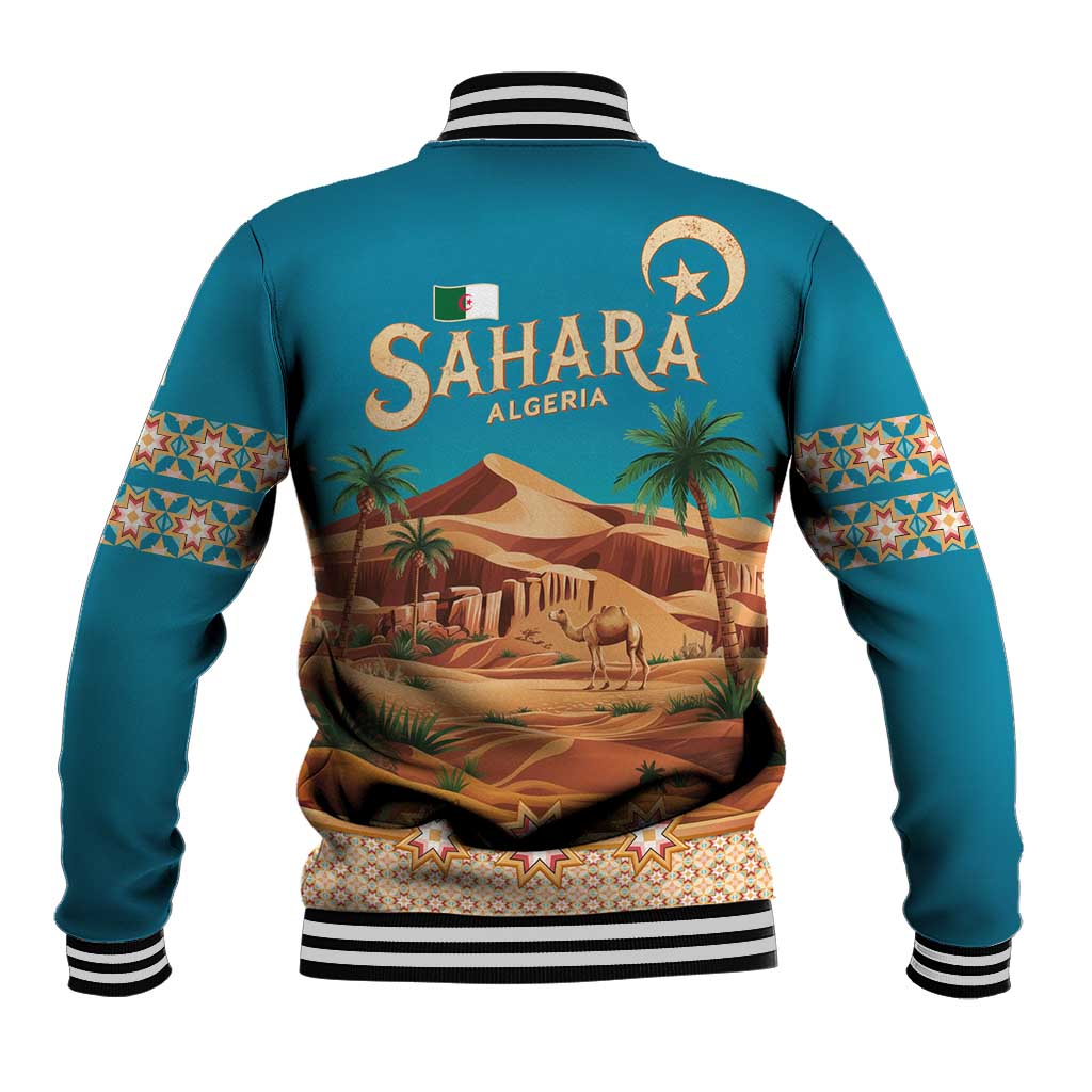 Sahara Algeria Baseball Jacket with Desert Camel Landscape and Islamic Motif Design