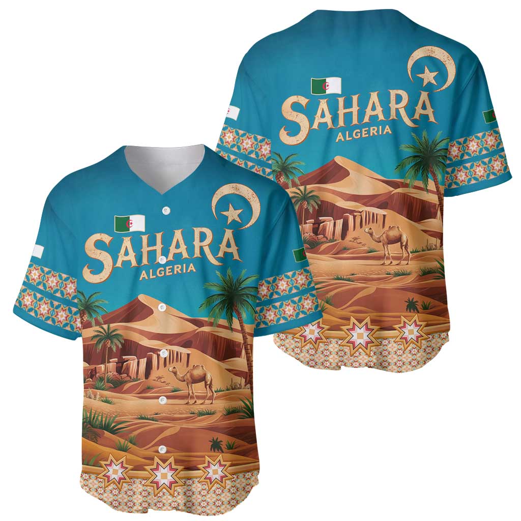 Sahara Algeria Baseball Jersey with Desert Camel Landscape and Islamic Motif Design