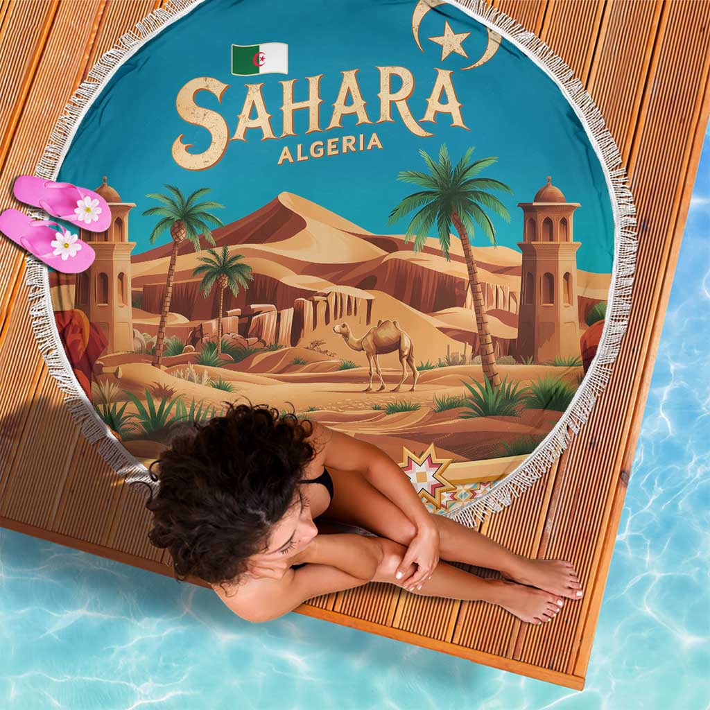 Sahara Algeria Beach Blanket with Desert Camel Landscape and Islamic Motif Design