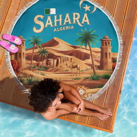 Sahara Algeria Beach Blanket with Desert Camel Landscape and Islamic Motif Design