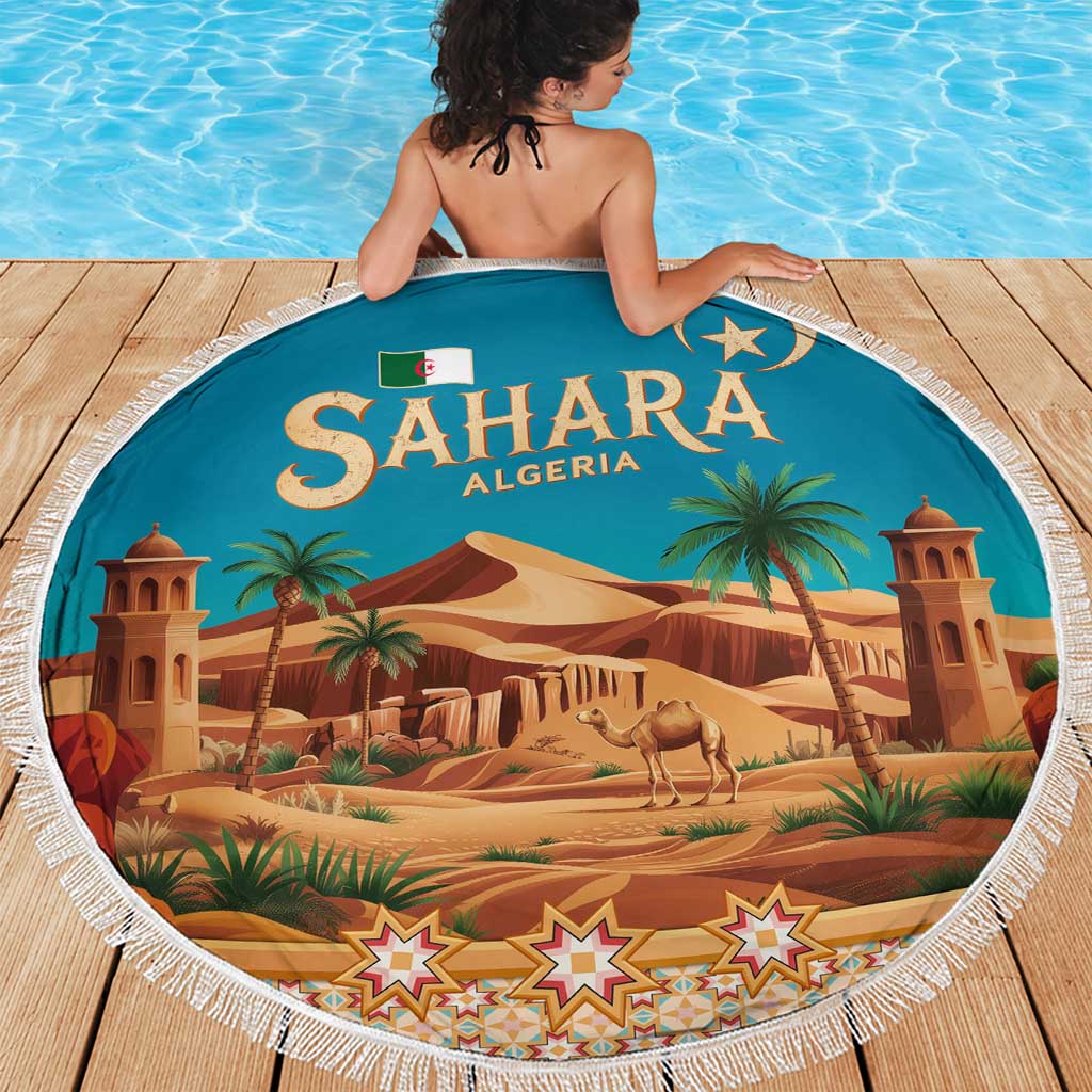 Sahara Algeria Beach Blanket with Desert Camel Landscape and Islamic Motif Design