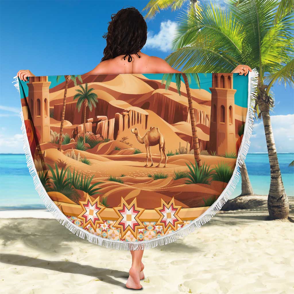 Sahara Algeria Beach Blanket with Desert Camel Landscape and Islamic Motif Design