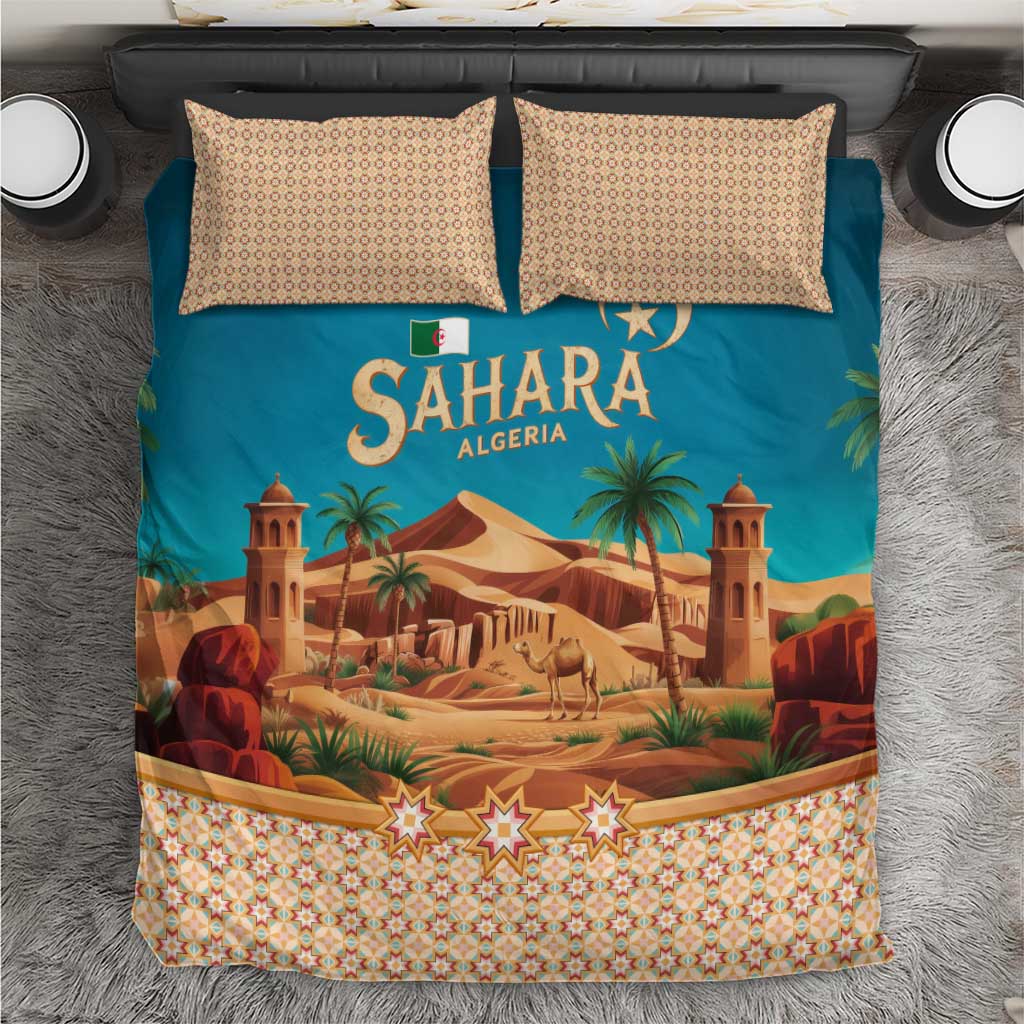 Sahara Algeria Bedding Set with Desert Camel Landscape and Islamic Motif Design