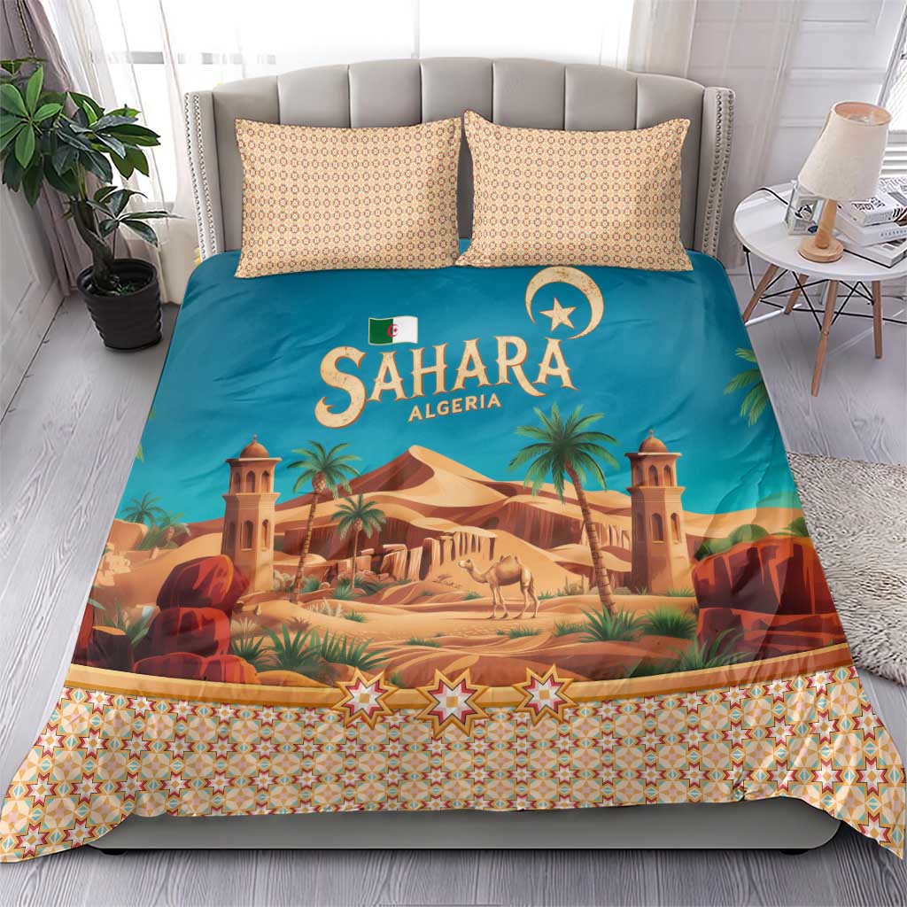 Sahara Algeria Bedding Set with Desert Camel Landscape and Islamic Motif Design