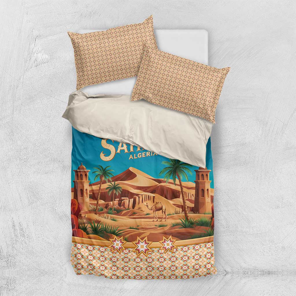 Sahara Algeria Bedding Set with Desert Camel Landscape and Islamic Motif Design