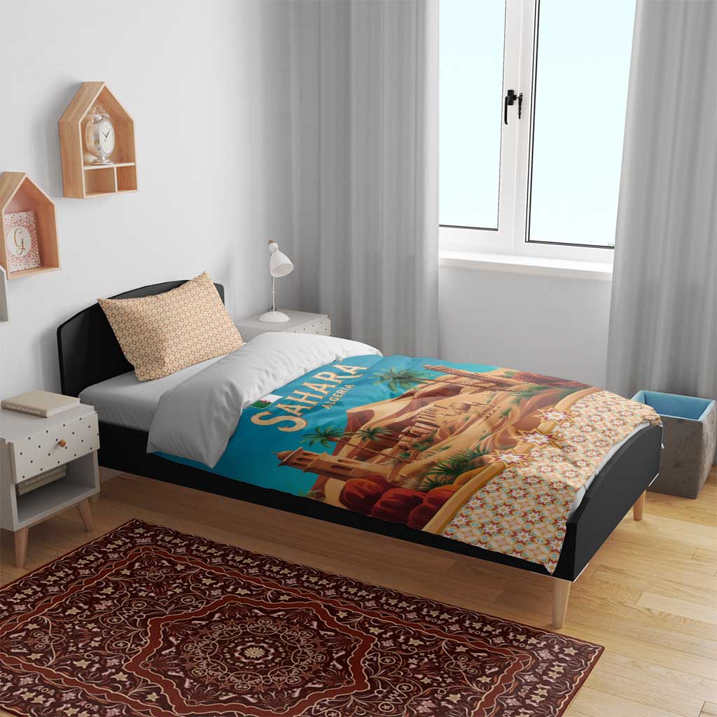 Sahara Algeria Bedding Set with Desert Camel Landscape and Islamic Motif Design