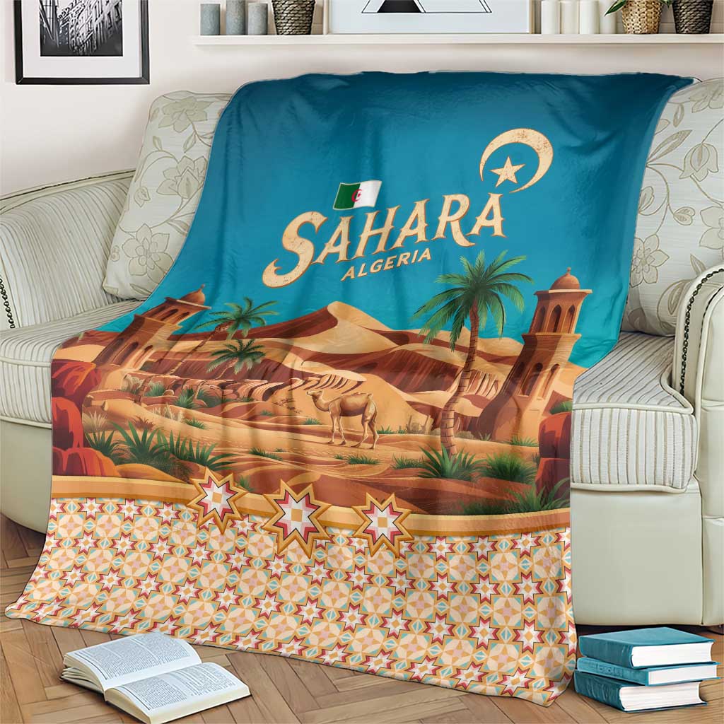 Sahara Algeria Blanket with Desert Camel Landscape and Islamic Motif Design