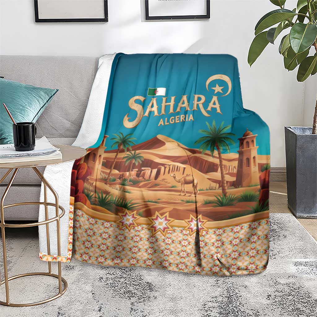 Sahara Algeria Blanket with Desert Camel Landscape and Islamic Motif Design
