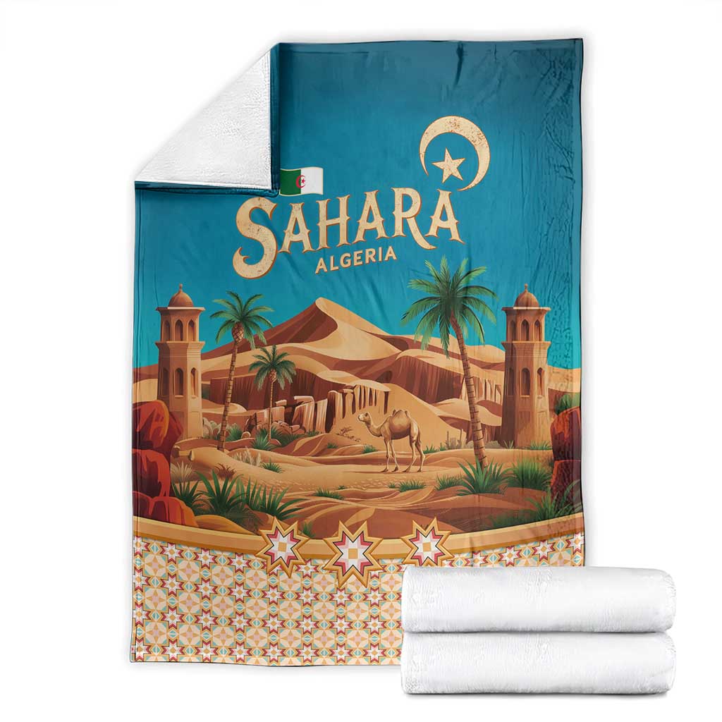 Sahara Algeria Blanket with Desert Camel Landscape and Islamic Motif Design
