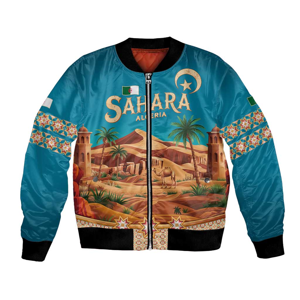 Sahara Algeria Bomber Jacket with Desert Camel Landscape and Islamic Motif Design